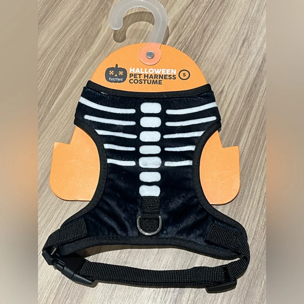 Halloween skeleton dog harness. Soft plush. Adjustable strap, black & white. S